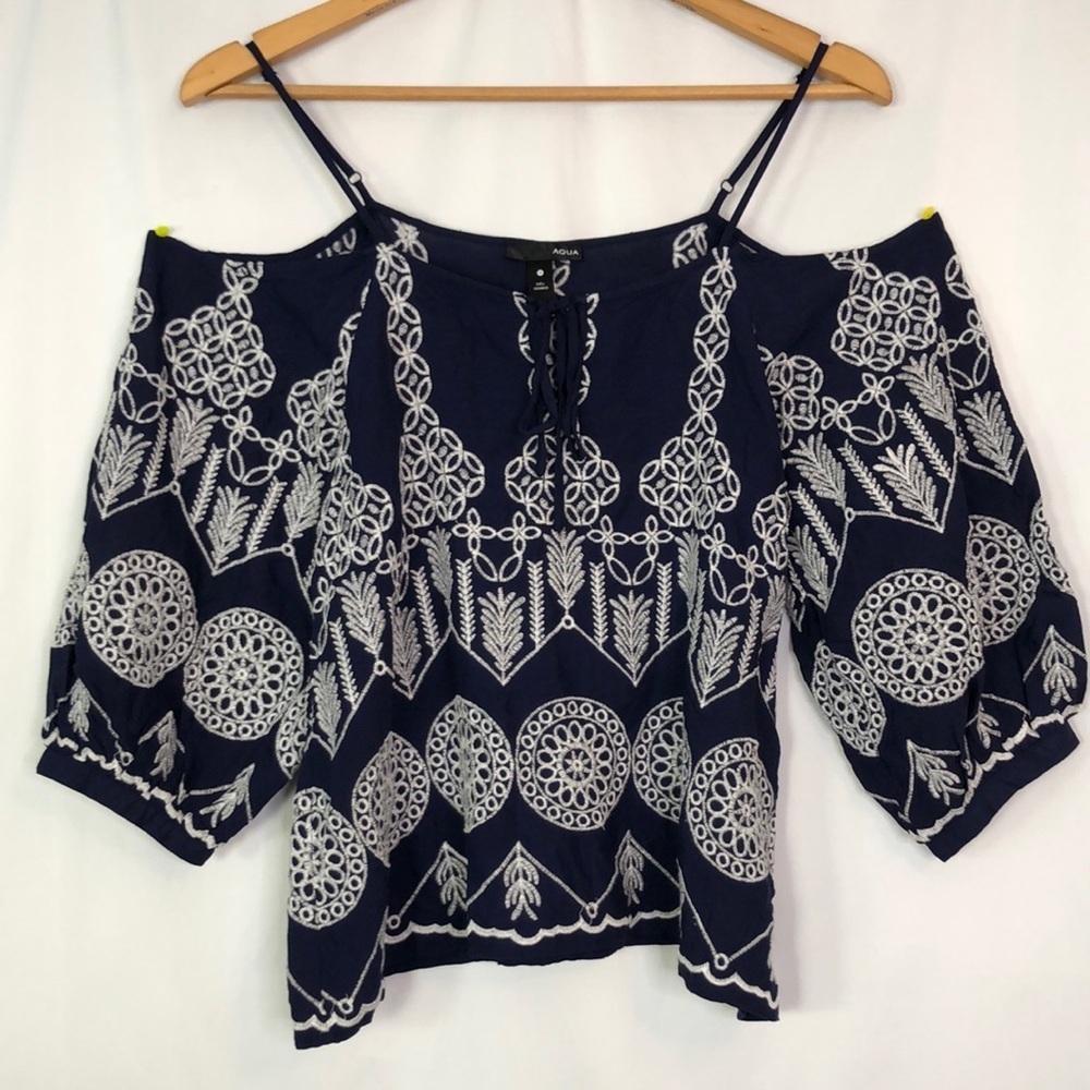 AQUA Navy Blue and White Off-Shoulder Embroidered Blouse with Tie Front Size S